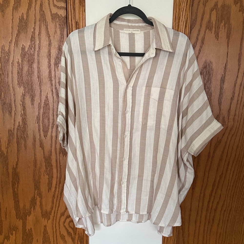 Stitch + Feather Beige and White Striped Button-Up Shirt